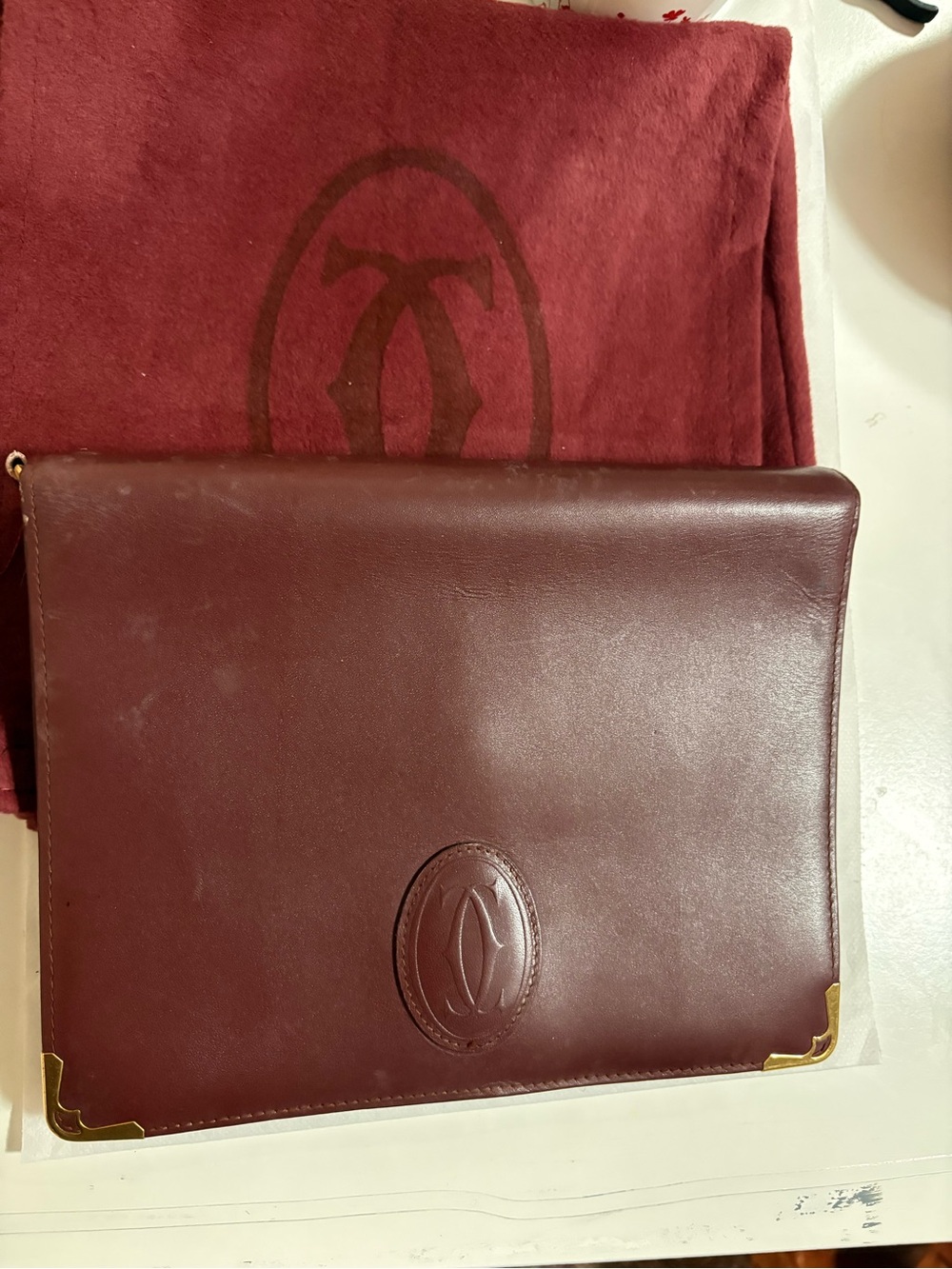Cartier Burgundy Leather Clutch with Gold-Tone Corners